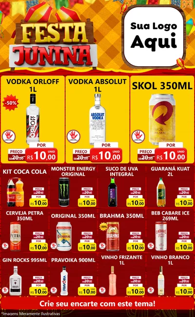 Modelo de Encarte para Encarte Grande com o tema Festa Junina para Distribuidora de bebidas