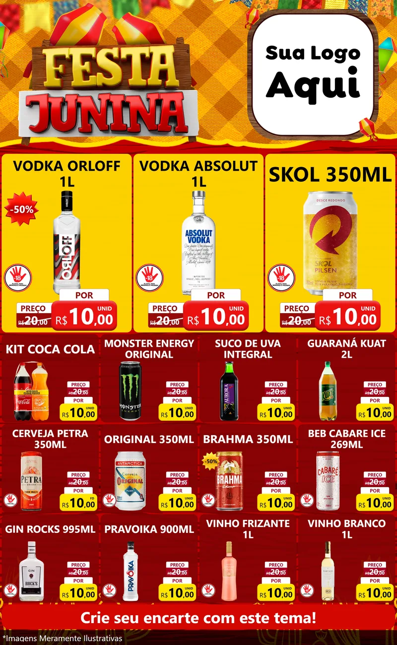 Modelo de Encarte para Encarte Grande com o tema Festa Junina para Distribuidora de bebidas