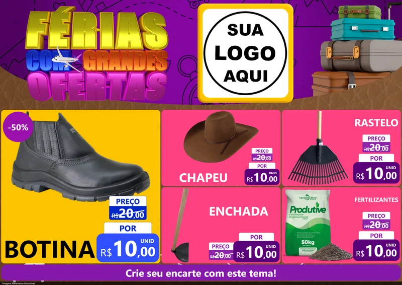 Modelo de Encarte para Encarte A4 Horizontal com o tema Férias com Grandes Ofertas para Agropecuária