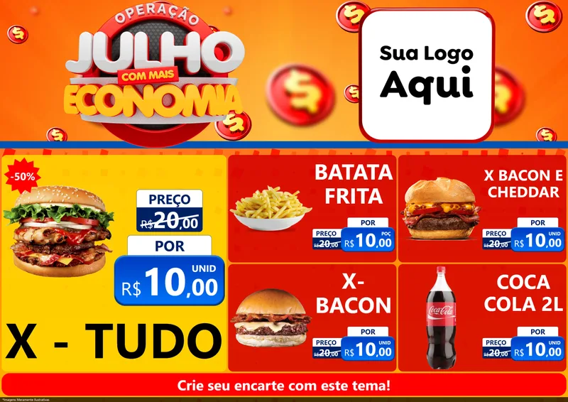 Modelo de Encarte para Encarte A4 Horizontal com o tema Operação Julho Com Mais Economia para Hamburgueria