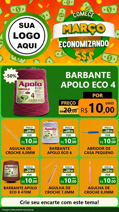 Modelo de Rede Social para Stories com o tema Comece Março Economizando para Armarinho e Aviamentos