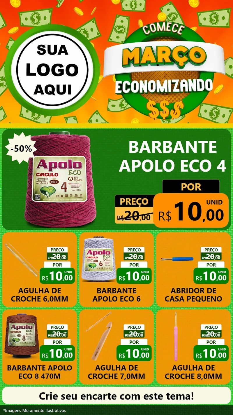 Modelo de Rede Social para Stories com o tema Comece Março Economizando para Armarinho e Aviamentos