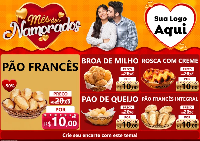 Modelo de Encarte para Encarte A4 Horizontal com o tema Mês dos Namorados para Padaria