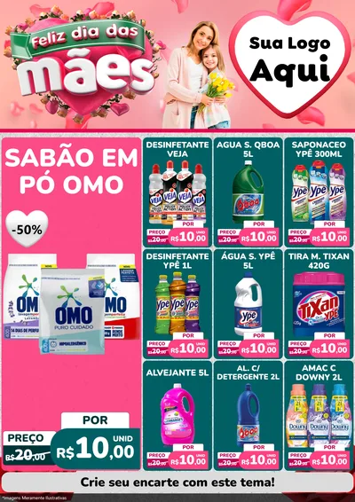 Modelo de Encarte para Encarte A4 Vertical com o tema Feliz Dia das Mães para Produtos de Limpeza