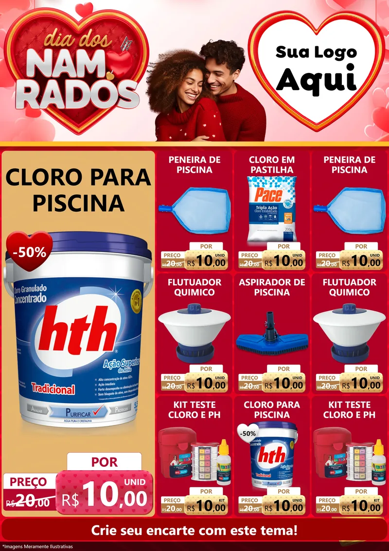 Modelo de Encarte para Encarte A4 Vertical com o tema Dia dos Namorados para Produtos para Piscina