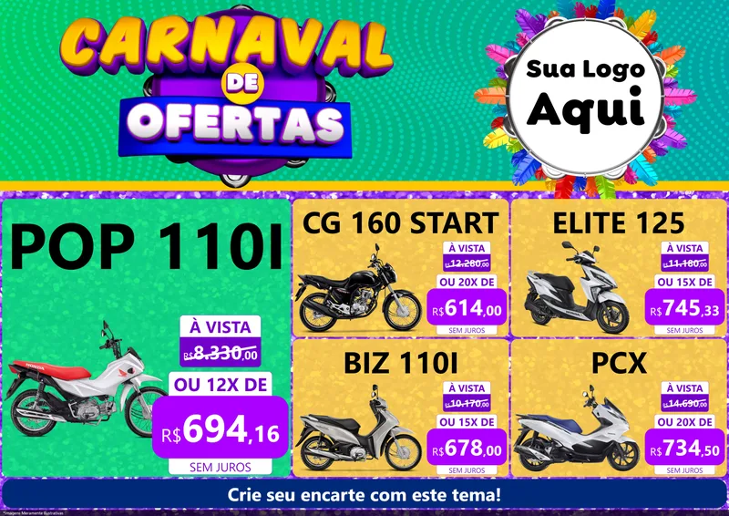 Modelo de Encarte para Encarte A4 Horizontal com o tema Carnaval de Ofertas para Concessionaria de Motos