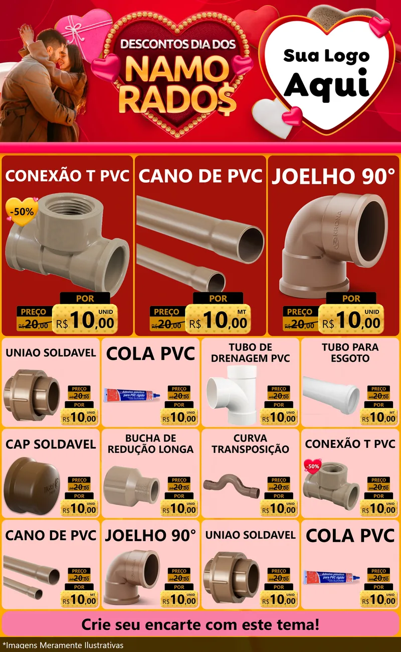 Modelo de Encarte para Encarte Grande com o tema Descontos Dia dos Namorados para Tubos e conexões