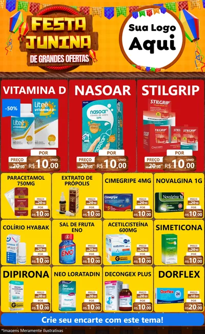 Modelo de Encarte para Encarte Grande com o tema Festa Junina de Grandes Ofertas para Farmácia