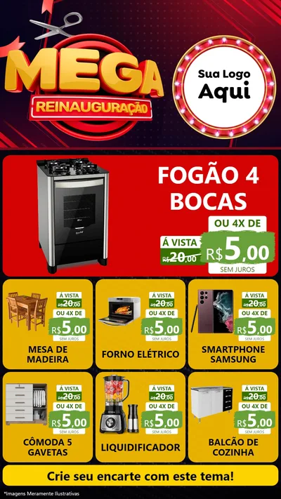 Modelo de Rede Social para Stories com o tema Mega Reinauguração para Móveis e Eletro