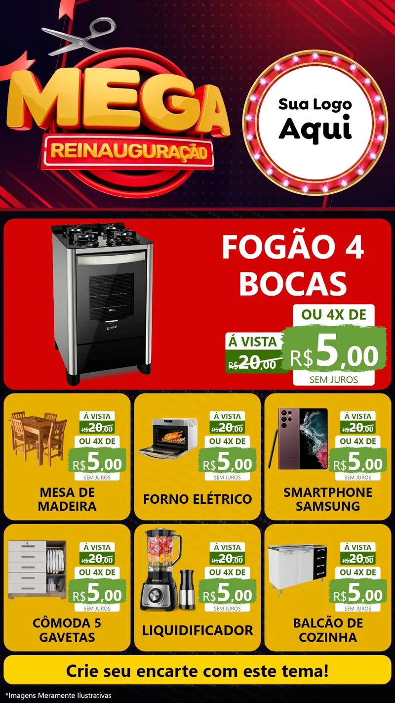 Modelo de Rede Social para Stories com o tema Mega Reinauguração para Móveis e Eletro