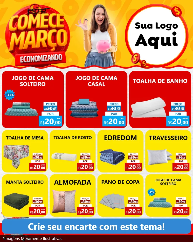 Modelo de Rede Social para Feed Instagram com o tema Comece Março Economizando para Cama, Mesa e Banho