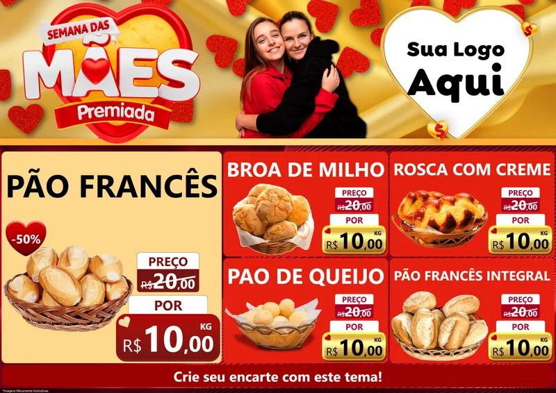 Modelo de Encarte para Encarte A4 Horizontal com o tema Semana das Mães Premiada para Padaria
