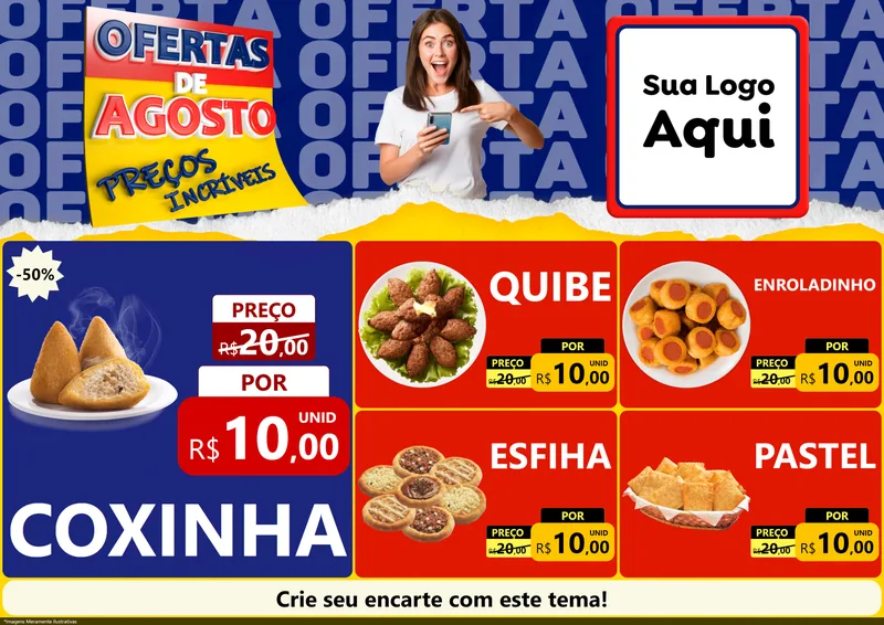 Modelo de Encarte para Encarte A4 Horizontal com o tema Ofertas de Agosto - Preços Incríveis para Salgadaria