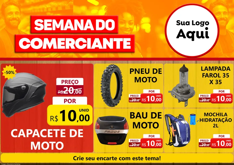 Modelo de Encarte para Encarte A4 Horizontal com o tema Semana do Comerciante para Moto peças