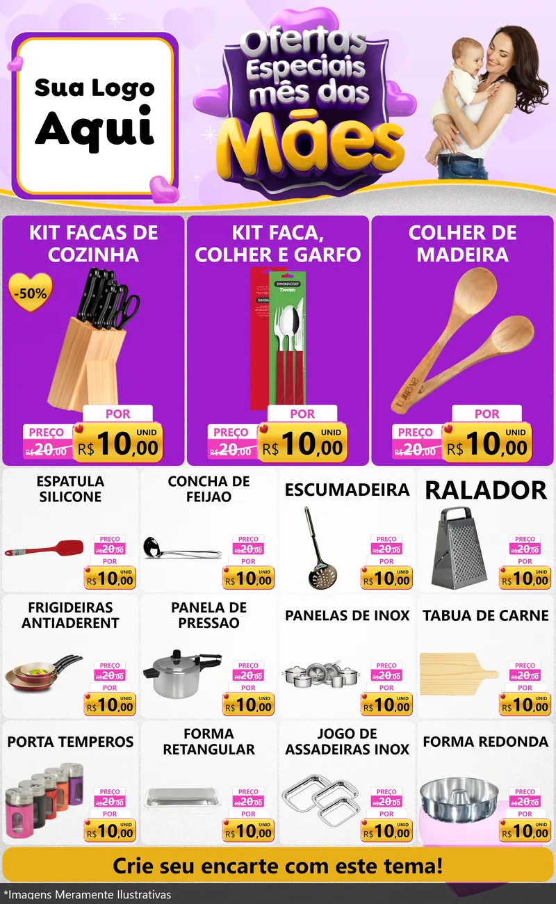 Modelo de Encarte para Encarte Grande com o tema Ofertas Especiais - Mês das Mães para Utilidades Domésticas