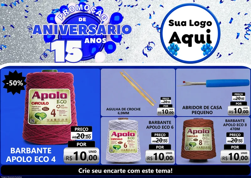 Modelo de Encarte para Encarte A4 Horizontal com o tema Promoção de Aniversário - 15 Anos para Armarinho e Aviamentos