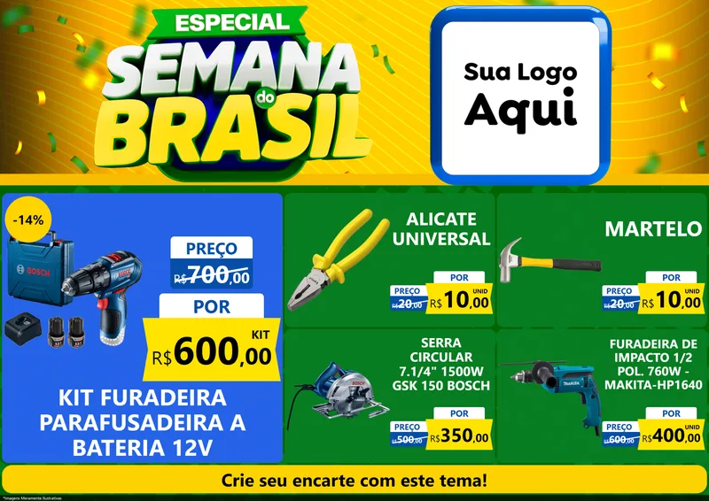 Modelo de Encarte para Encarte A4 Horizontal com o tema Especial Semana do Brasil para Maquinas e Ferramentas