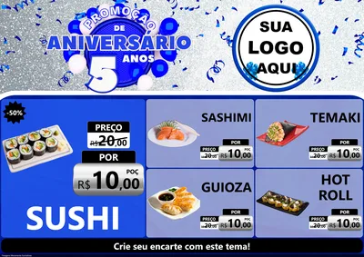 Modelo de Encarte para Encarte A4 Horizontal com o tema Promoção de Aniversário - 5 Anos para Comida japonesa