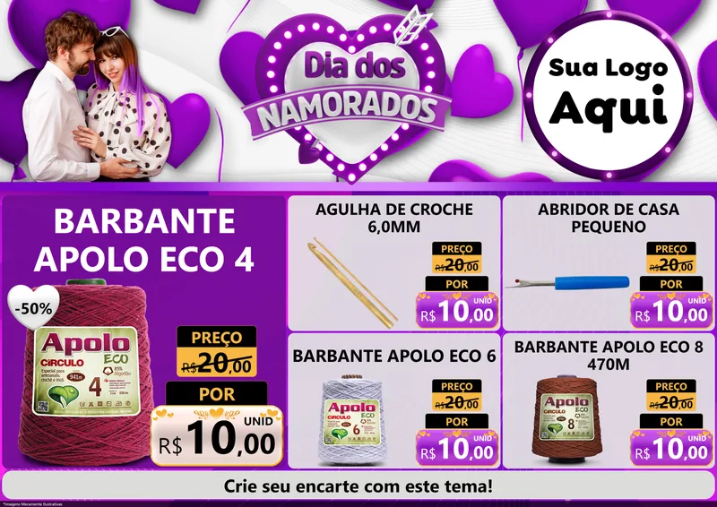 Modelo de Encarte para Encarte A4 Horizontal com o tema Dia dos Namorados para Armarinho e Aviamentos