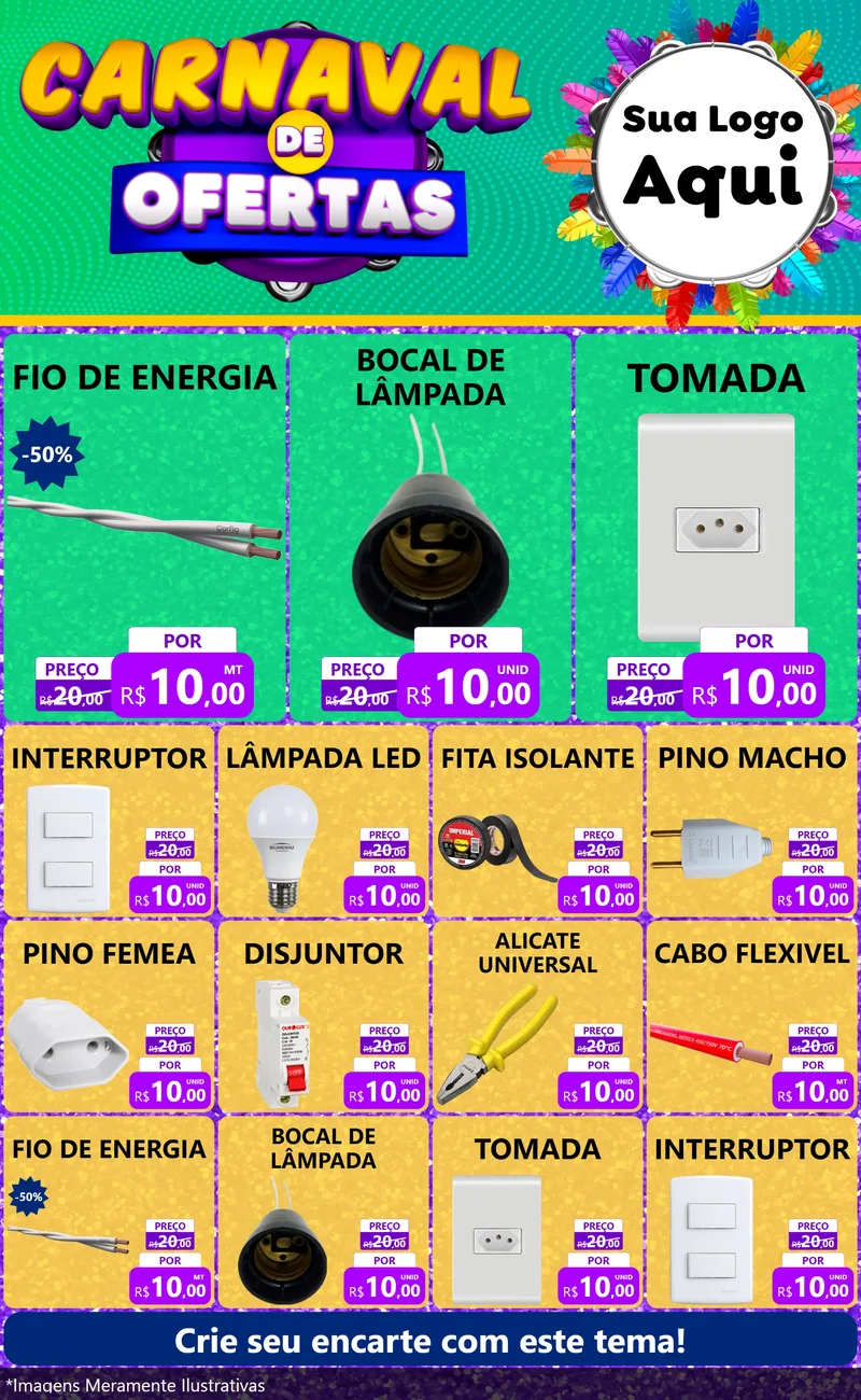 Modelo de Encarte para Encarte Grande com o tema Carnaval de Ofertas para Materiais Elétricos