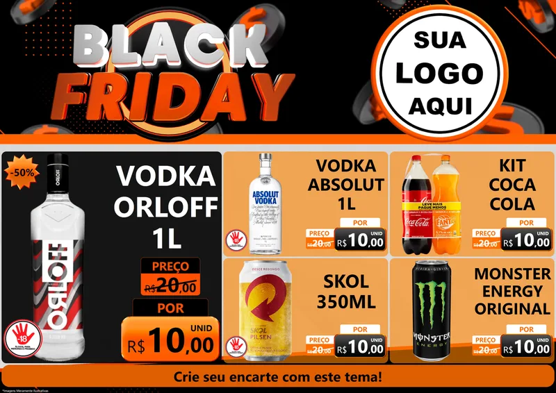 Modelo de Encarte para Encarte A4 Horizontal com o tema Black Friday para Distribuidora de bebidas