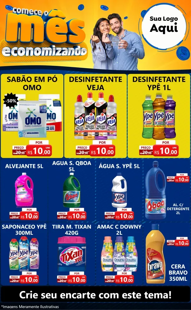 Modelo de Encarte para Encarte Grande com o tema Comece O Mês Economizando para Produtos de Limpeza