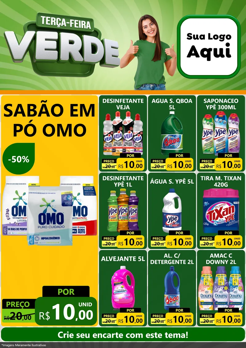 Modelo de Encarte para Encarte A4 Vertical com o tema Terça - Feira Verde para Produtos de Limpeza
