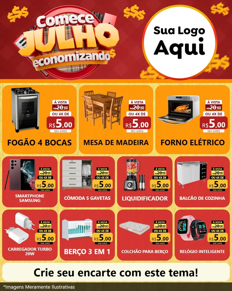 Modelo de Rede Social para Feed Instagram com o tema Comece Julho Economizando para Móveis e Eletro