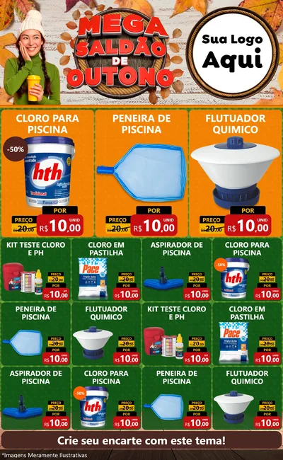 Modelo de Encarte para Encarte Grande com o tema Mega Saldão de Outono para Produtos para Piscina