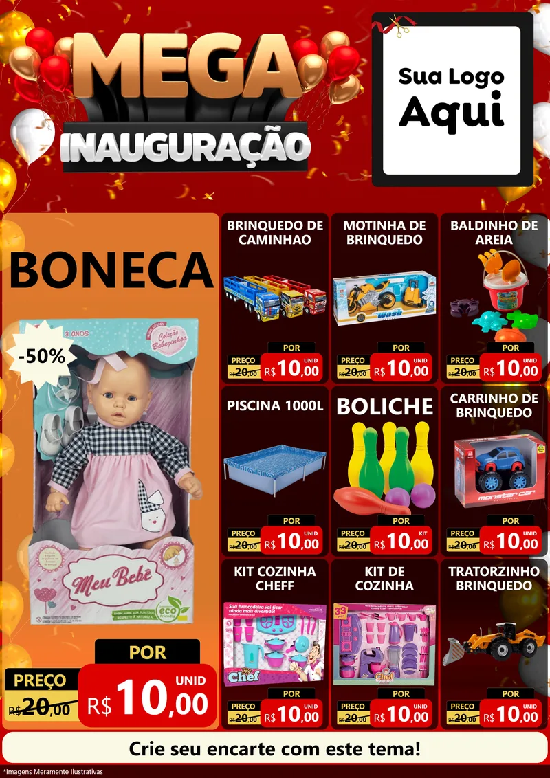 Modelo de Encarte para Encarte A4 Vertical com o tema Mega Inauguração para Brinquedos