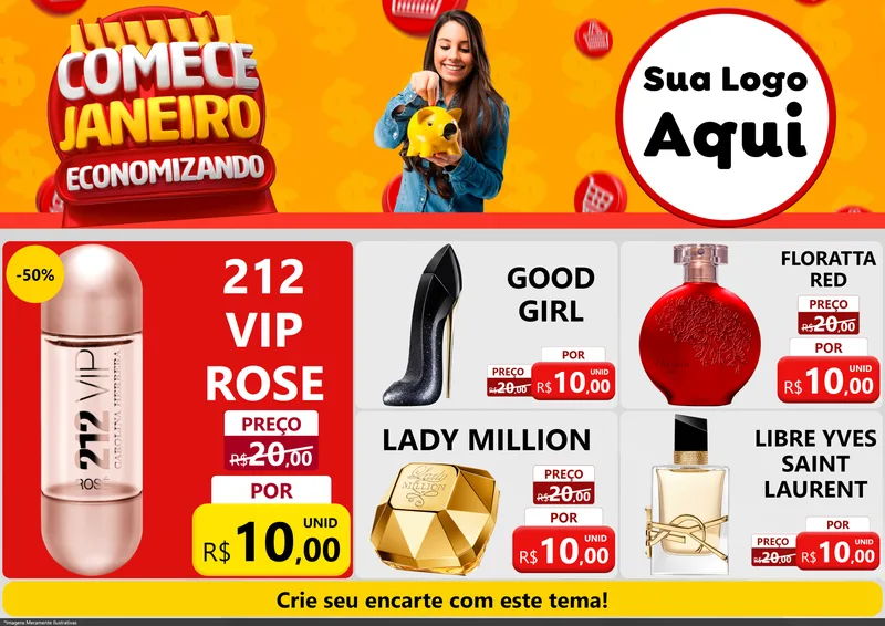 Modelo de Encarte para Encarte A4 Horizontal com o tema Comece Janeiro Economizando para Perfumes