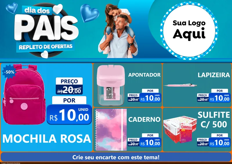 Modelo de Encarte para Encarte A4 Horizontal com o tema Dia Dos Pais Repleto de Ofertas para Papelaria
