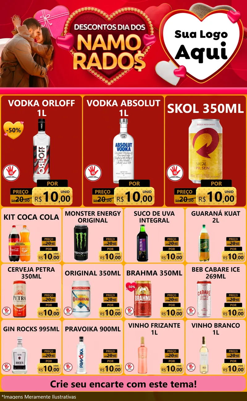 Modelo de Encarte para Encarte Grande com o tema Descontos Dia dos Namorados para Distribuidora de bebidas