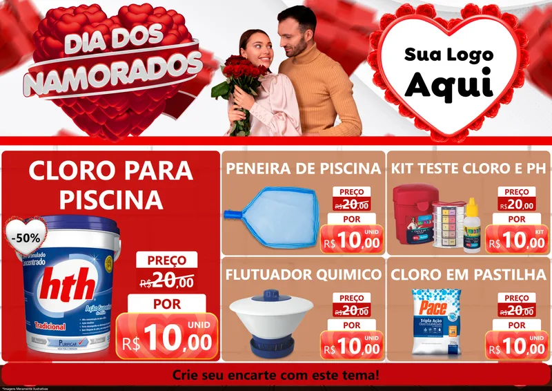 Modelo de Encarte para Encarte A4 Horizontal com o tema Dia dos Namorados para Produtos para Piscina