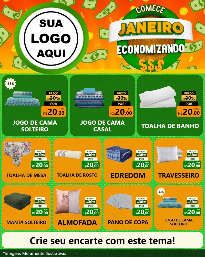 Modelo de Rede Social para Feed Instagram com o tema Comece Janeiro Economizando para Cama, Mesa e Banho