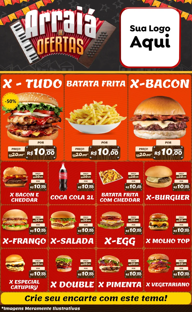 Modelo de Encarte para Encarte Grande com o tema Arraiá de Ofertas - Junina para Hamburgueria