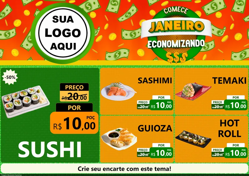 Modelo de Encarte para Encarte A4 Horizontal com o tema Comece Janeiro Economizando para Comida japonesa
