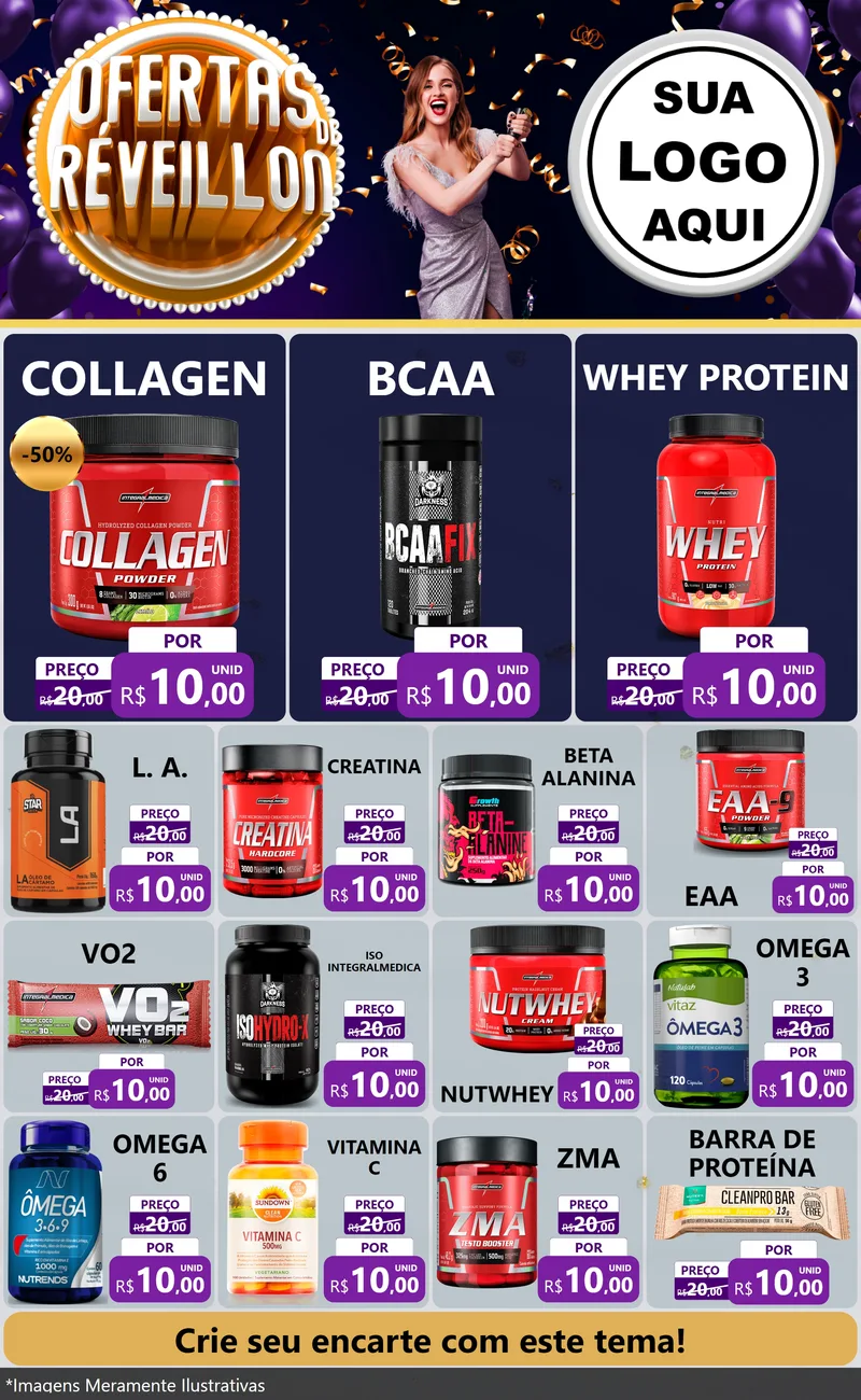 Modelo de Encarte para Encarte Grande com o tema Ofertas de Réveillon para Suplementos alimentares