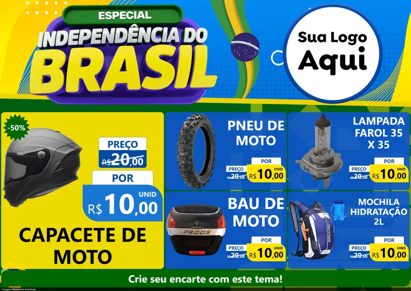 Modelo de Encarte para Encarte A4 Horizontal com o tema Especial Independência do Brasil para Moto peças
