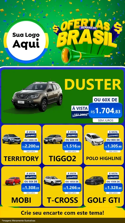 Modelo de Rede Social para Stories com o tema Ofertas Semana do Brasil para Concessionaria de Carros