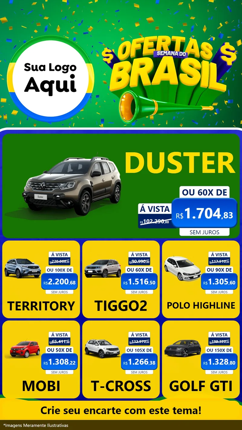 Modelo de Rede Social para Stories com o tema Ofertas Semana do Brasil para Concessionaria de Carros