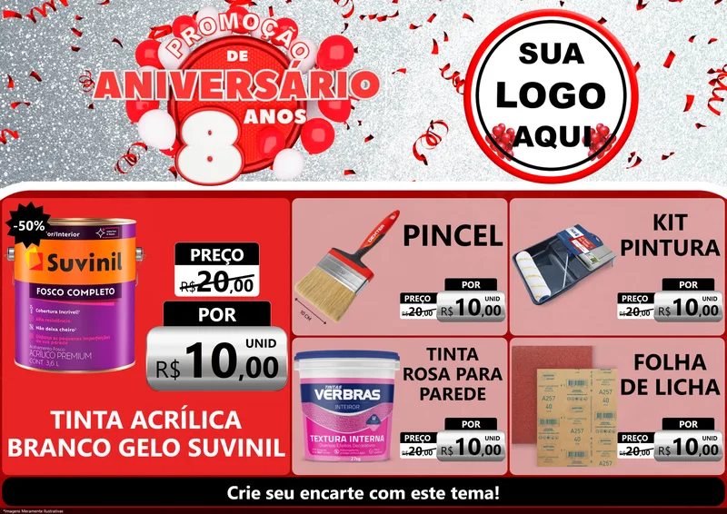 Modelo de Encarte para Encarte A4 Horizontal com o tema Promoção de Aniversário - 8 Anos para Tintas e Ferramentas