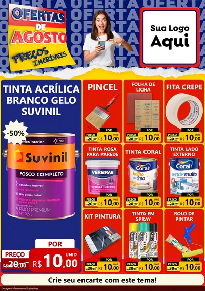 Modelo de Encarte para Encarte A4 Vertical com o tema Ofertas de Agosto - Preços Incríveis para Tintas e Ferramentas