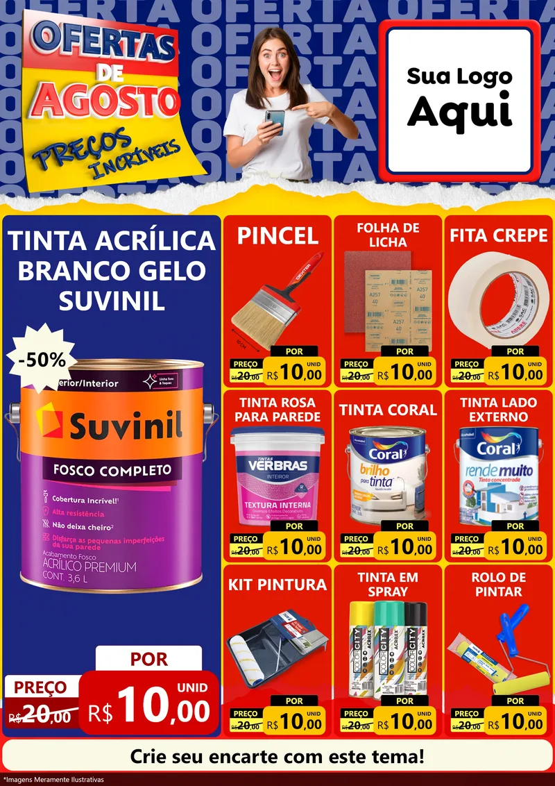 Modelo de Encarte para Encarte A4 Vertical com o tema Ofertas de Agosto - Preços Incríveis para Tintas e Ferramentas