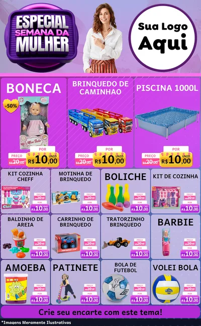 Modelo de Encarte para Encarte Grande com o tema Especial Semana da Mulher para Brinquedos