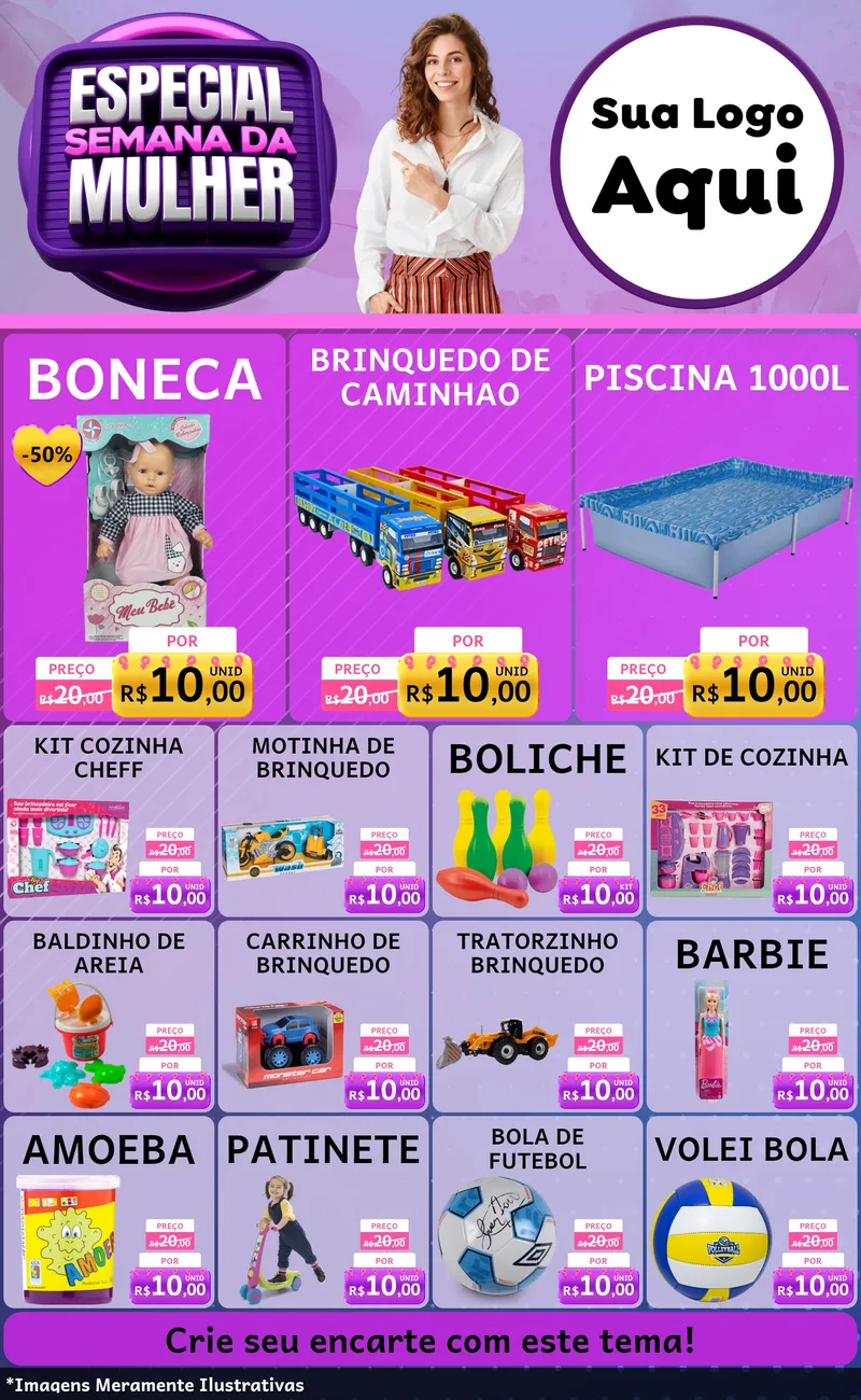 Modelo de Encarte para Encarte Grande com o tema Especial Semana da Mulher para Brinquedos
