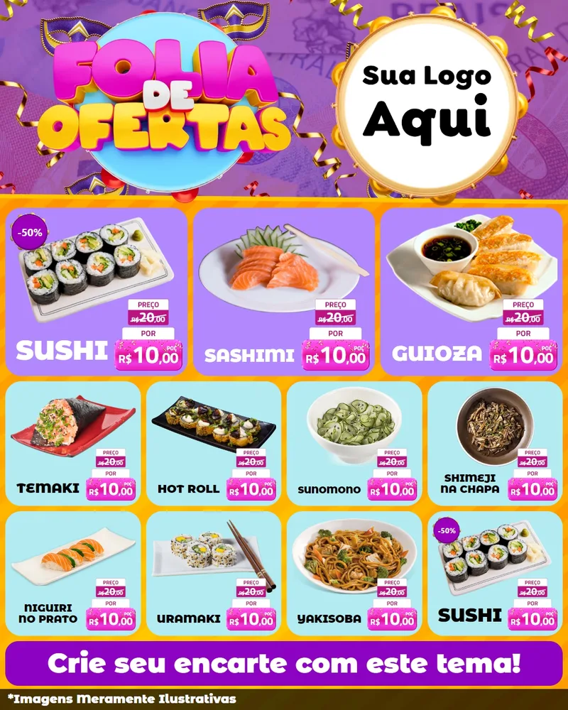 Modelo de Rede Social para Feed Instagram com o tema Folia de Ofertas para Comida japonesa