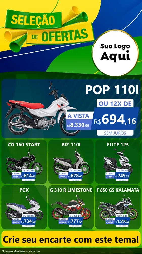 Modelo de Rede Social para Stories com o tema Seleção de Ofertas - Copa para Concessionaria de Motos