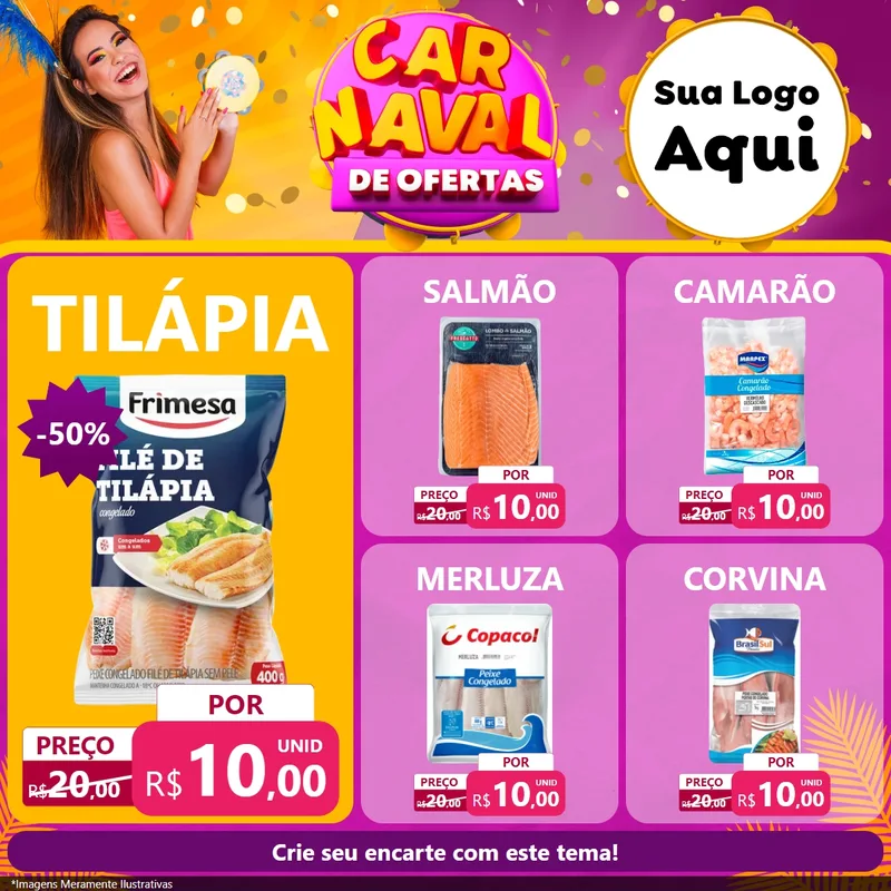Modelo de Rede Social para Feed Facebook com o tema Carnaval de Ofertas para Peixaria