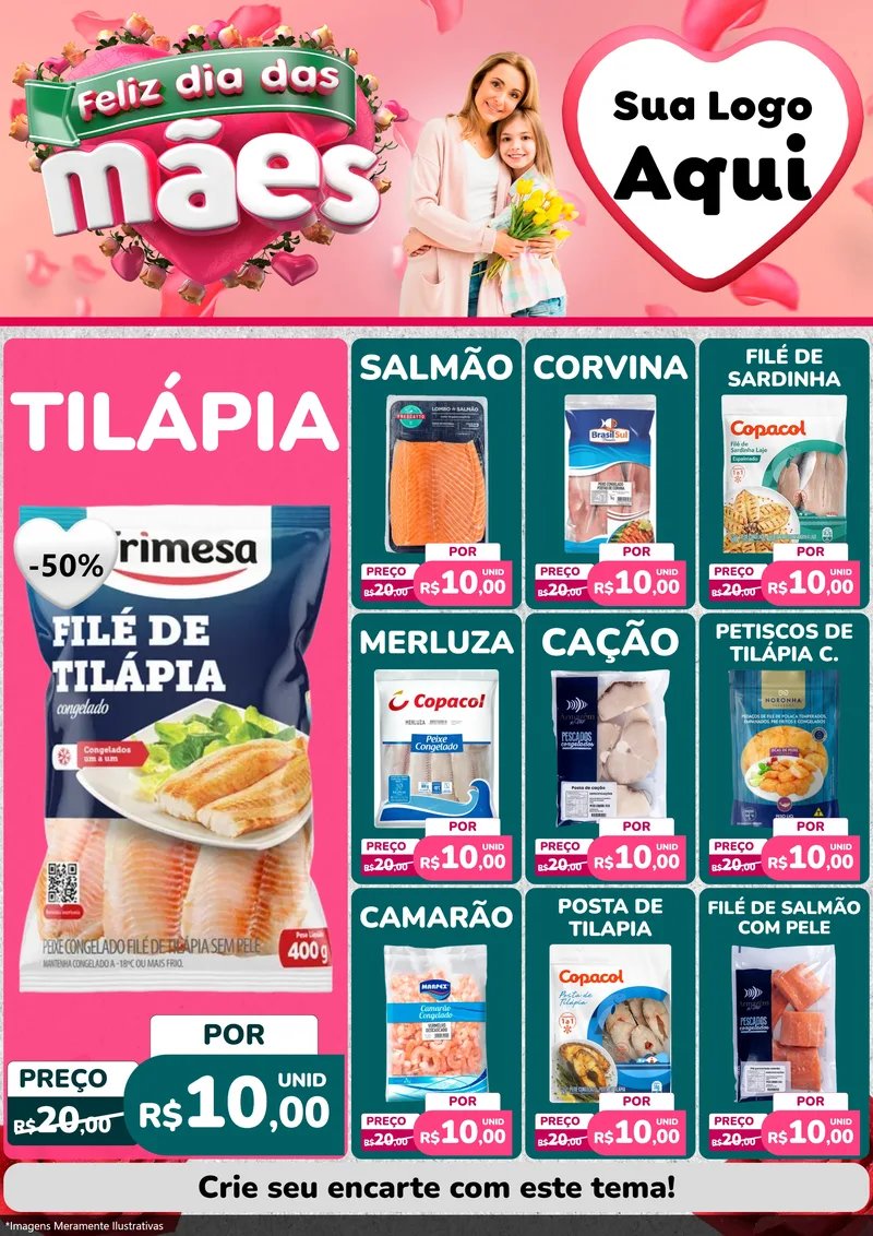 Modelo de Encarte para Encarte A4 Vertical com o tema Feliz Dia das Mães para Peixaria